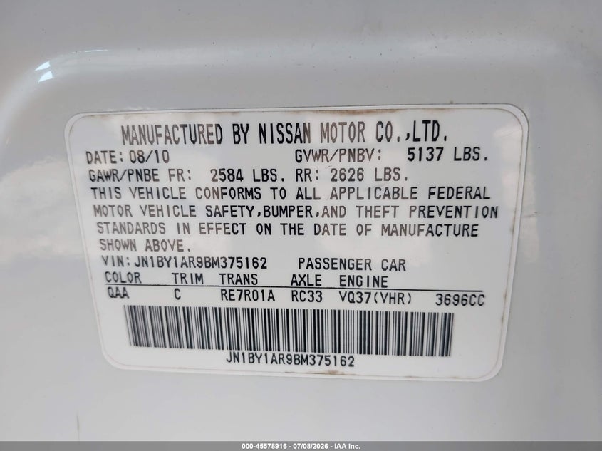 2011 Infiniti M37X VIN: JN1BY1AR9BM375162 Lot: 45578916