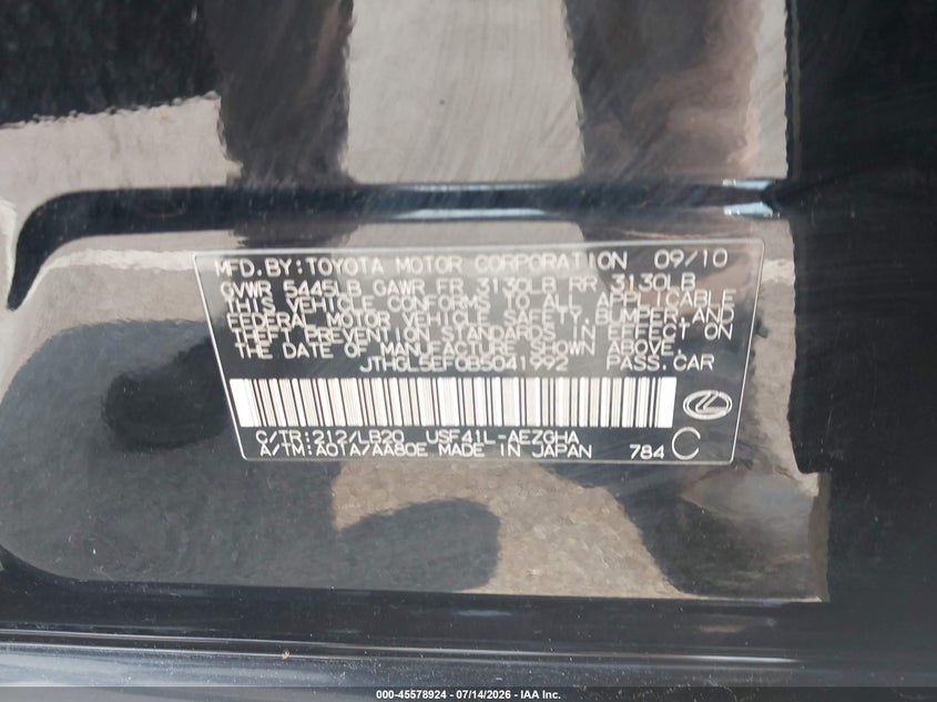 2011 Lexus Ls 460 L VIN: JTHGL5EF0B5041992 Lot: 45578924