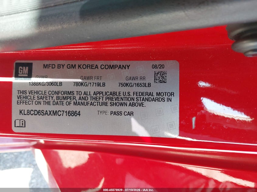 2021 Chevrolet Spark Fwd 1Lt Automatic VIN: KL8CD6SAXMC716864 Lot: 45578929