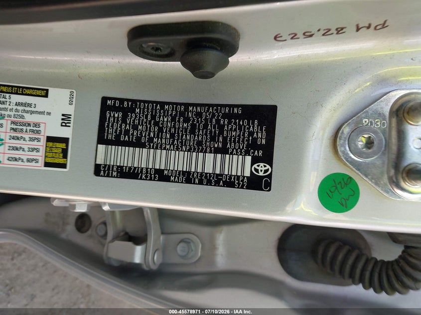 VIN 5YFEPMAE5NP337781 2022 TOYOTA COROLLA LE
