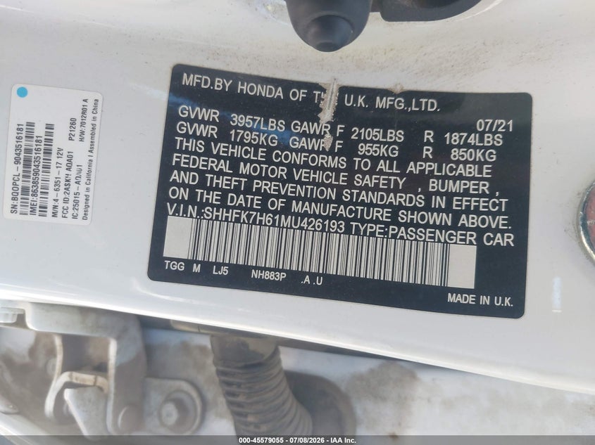 HONDA CIVIC 2021 VIN SHHFK7H61MU426193