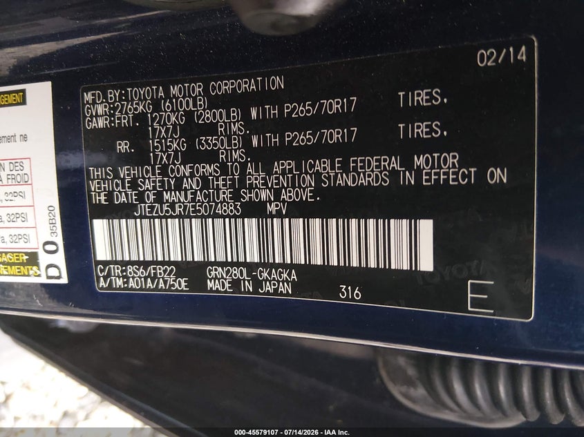 2014 Toyota 4Runner Sr5 VIN: JTEZU5JR7E5074883 Lot: 45579107