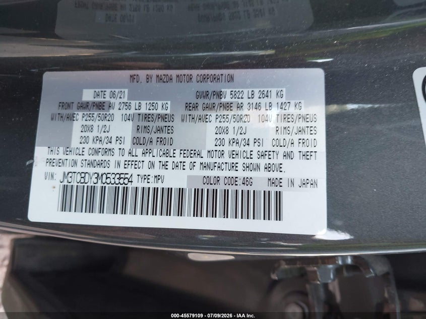 2021 Mazda Cx-9 Grand Touring VIN: JM3TCBDY3M0533554 Lot: 45579109