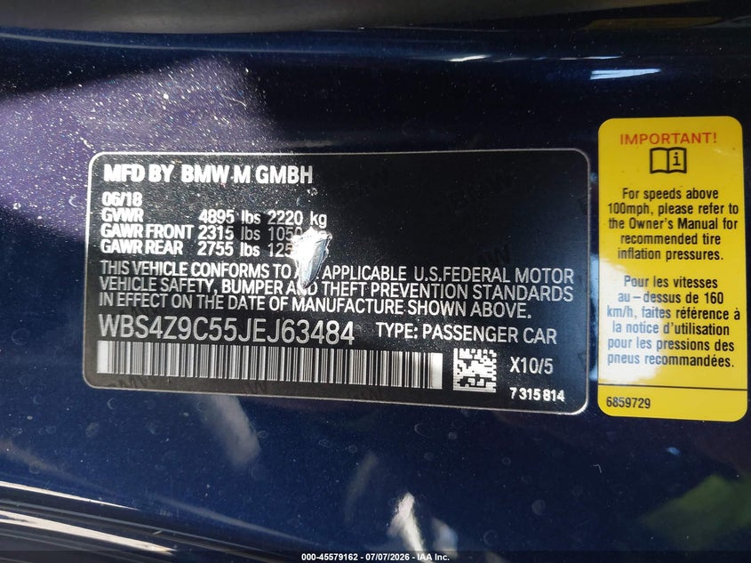 2018 BMW M4 VIN: WBS4Z9C55JEJ63484 Lot: 45579162