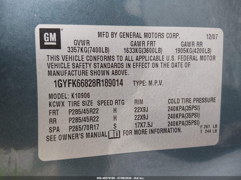 2008 Cadillac Escalade Esv VIN: 1GYFK66828R189014 Lot: 45579168
