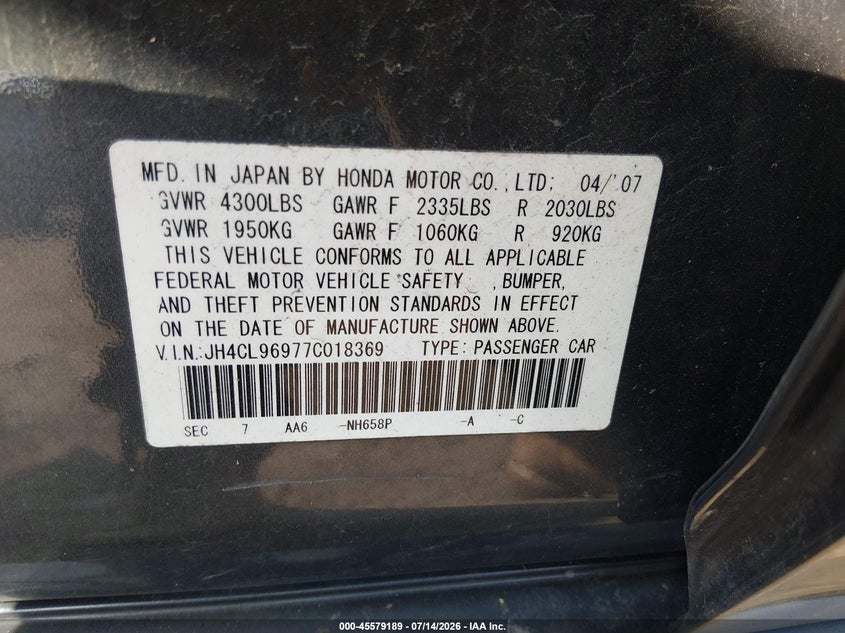2007 Acura Tsx VIN: JH4CL96977C018369 Lot: 45579189