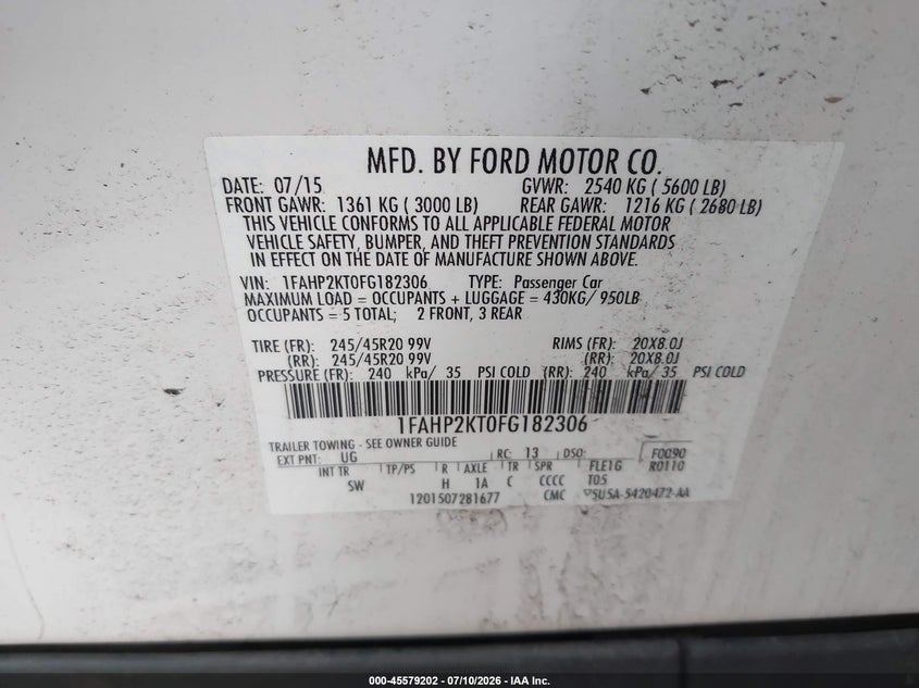 2015 Ford Taurus Sho VIN: 1FAHP2KT0FG182306 Lot: 45579202
