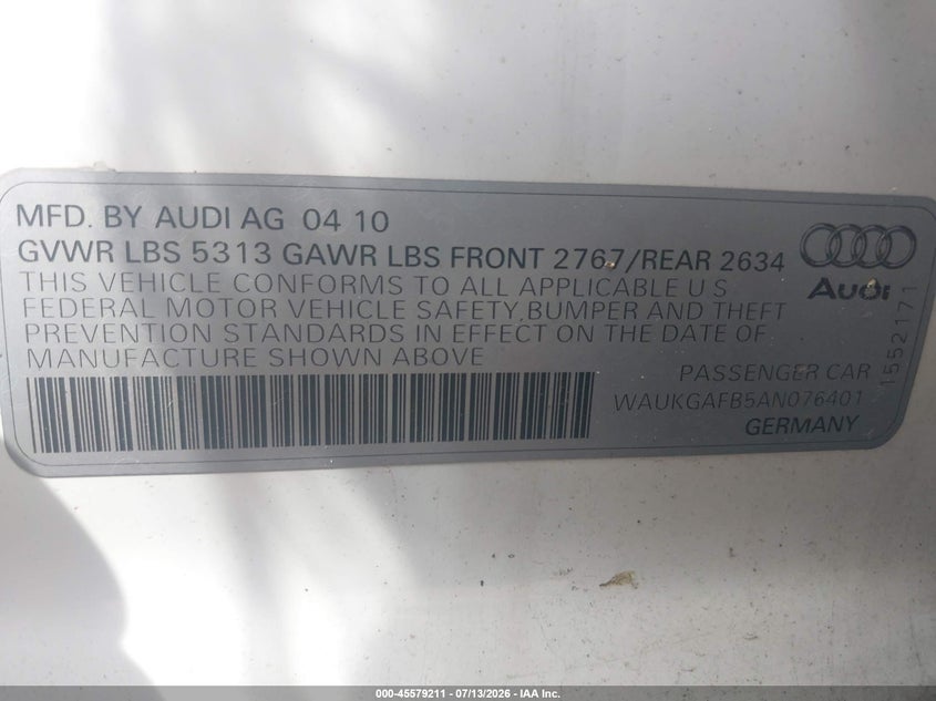 2010 Audi A6 3.0 Premium VIN: WAUKGAFB5AN076401 Lot: 45579211