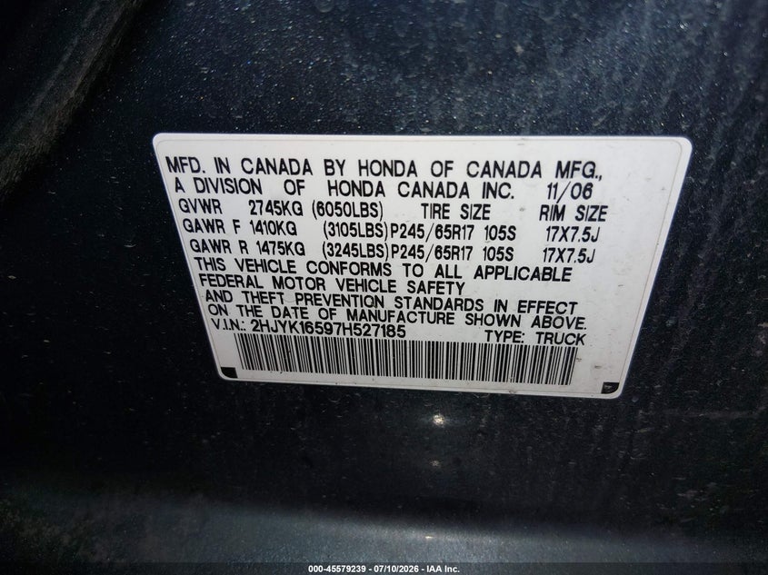 2007 Honda Ridgeline Rtl VIN: 2HJYK16597H527185 Lot: 45579239