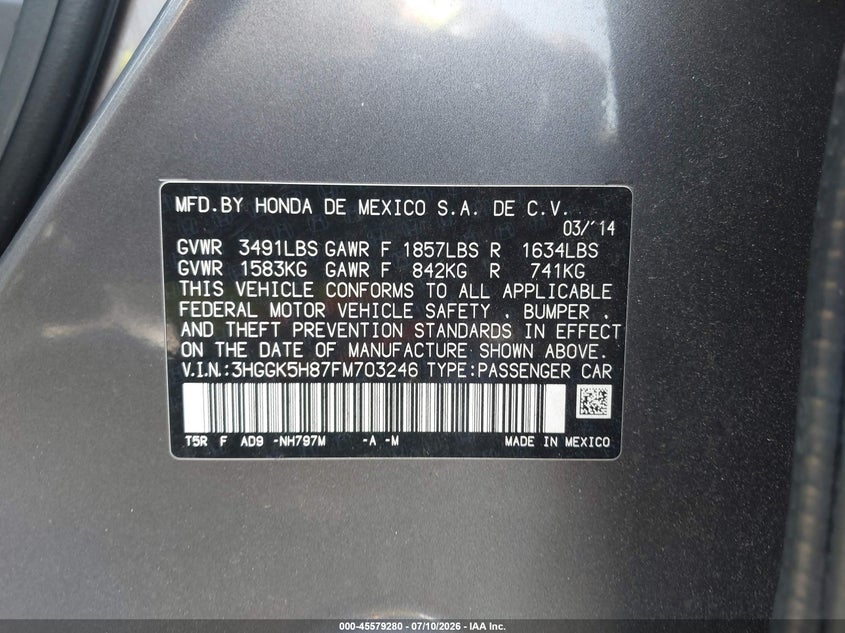 2015 Honda Fit Ex/Ex-L VIN: 3HGGK5H87FM703246 Lot: 45579280