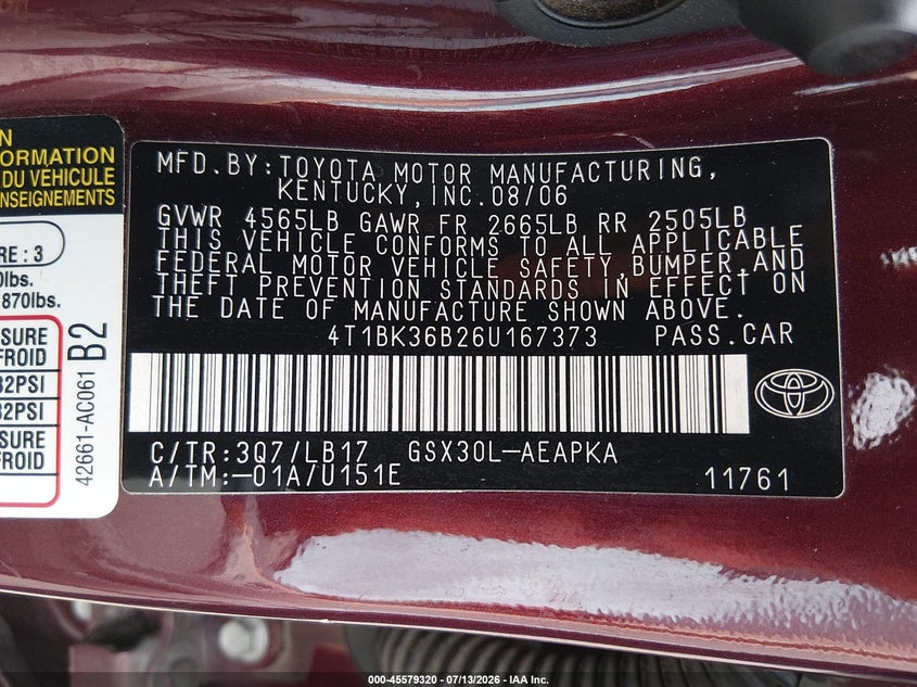 2006 Toyota Avalon Limited VIN: 4T1BK36B26U167373 Lot: 45579320