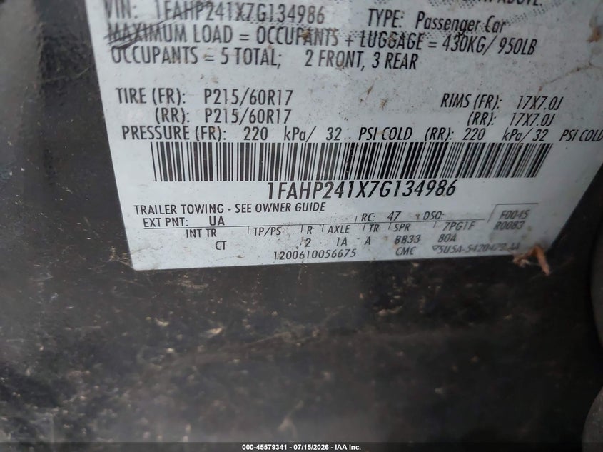 2007 Ford Five Hundred Sel VIN: 1FAHP241X7G134986 Lot: 45579341