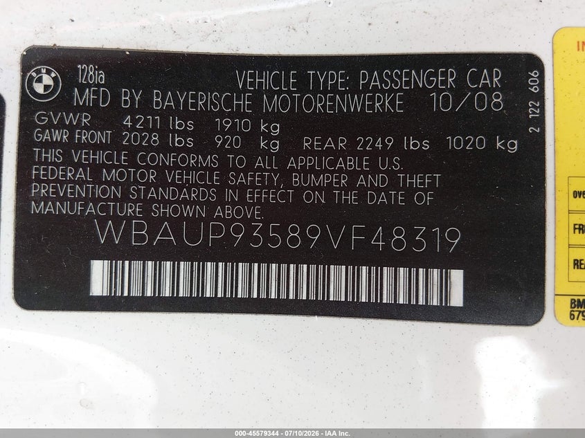 2009 BMW 128I VIN: WBAUP93589VF48319 Lot: 45579344