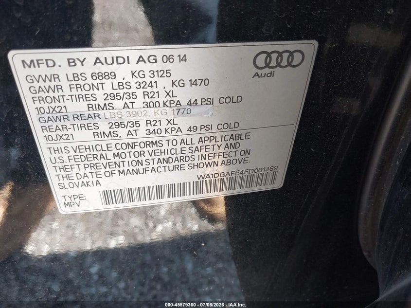 2015 Audi Q7 3.0T S Line Prestige VIN: WA1DGAFE4FD001489 Lot: 45579360