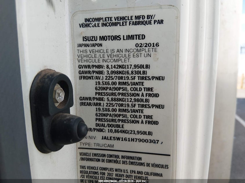 2017 Isuzu Nqr Dsl Reg At VIN: JALE5W161H7900307 Lot: 45579436