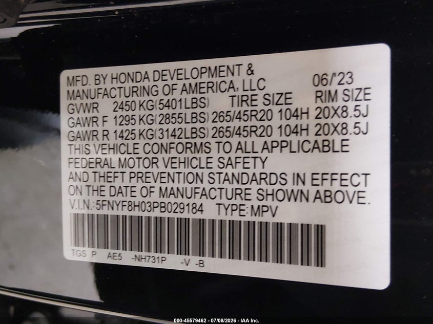 2023 Honda Passport Awd Elite VIN: 5FNYF8H03PB029184 Lot: 45579462