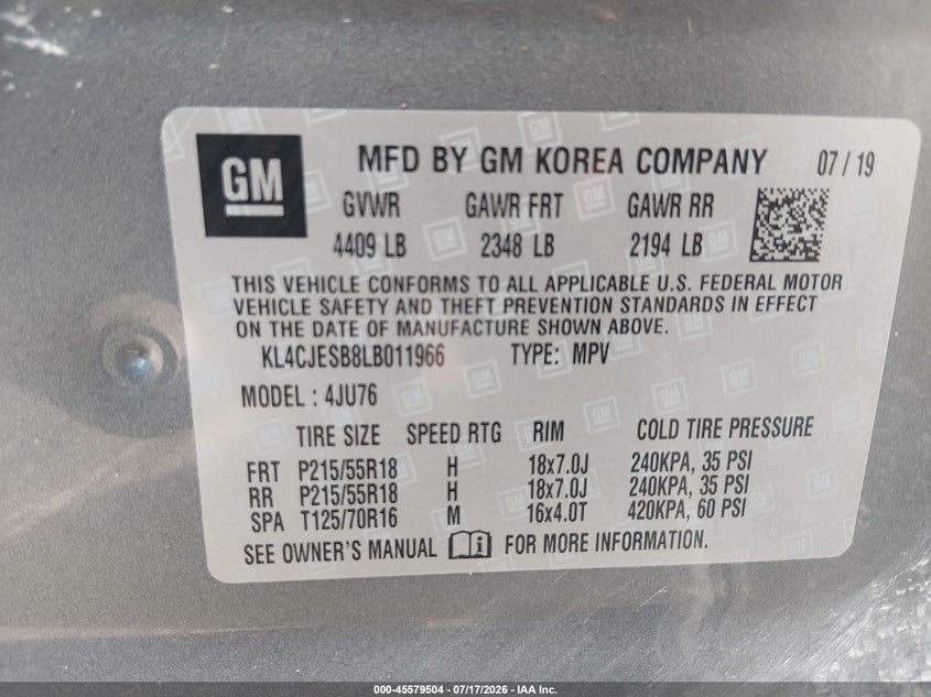2020 Buick Encore Awd Preferred VIN: KL4CJESB8LB011966 Lot: 45579504