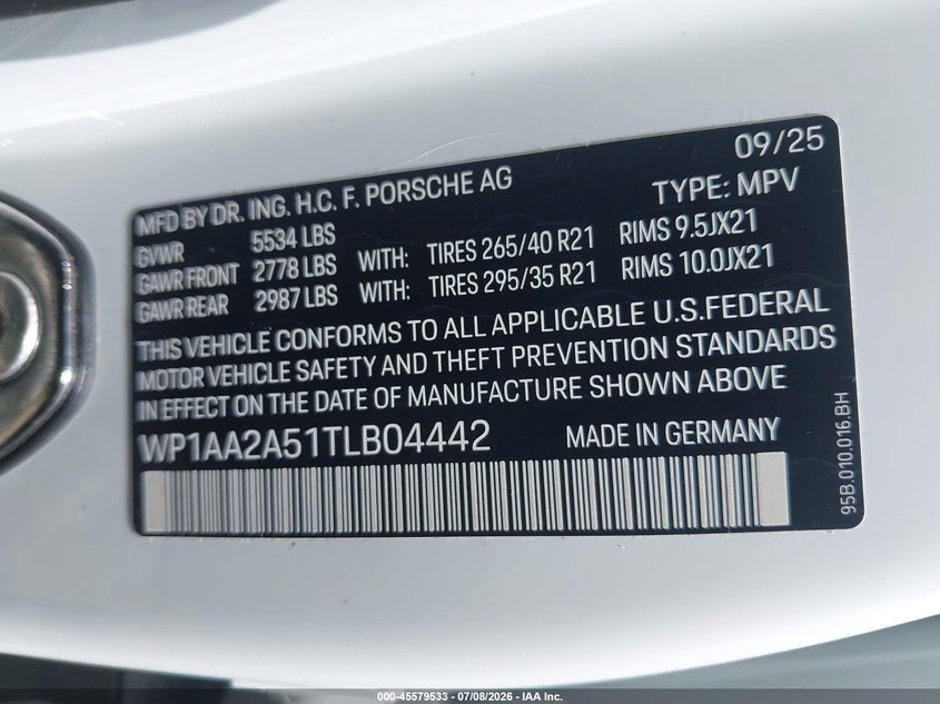 2026 Porsche Macan T VIN: WP1AA2A51TLB04442 Lot: 45579533