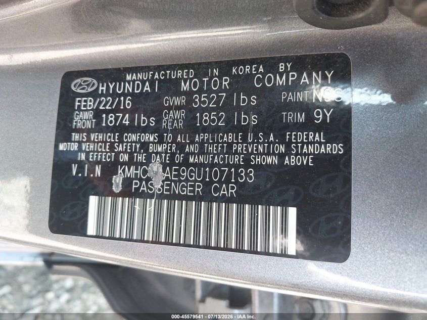 2016 Hyundai Accent Se VIN: KMHCT4AE9GU107133 Lot: 45579541