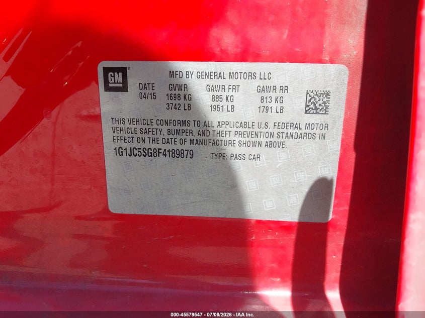 2015 Chevrolet Sonic Lt Auto VIN: 1G1JC5SG8F4189879 Lot: 45579547