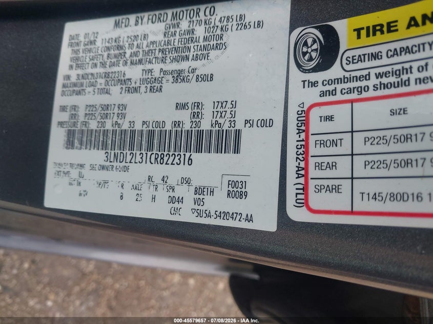 2012 Lincoln Mkz Hybrid VIN: 3LNDL2L31CR822316 Lot: 45579657
