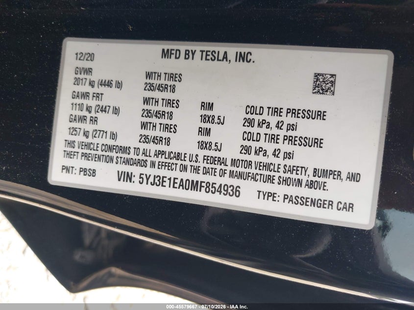 2021 TESLA MODEL 3 SEDAN ELECTRIC