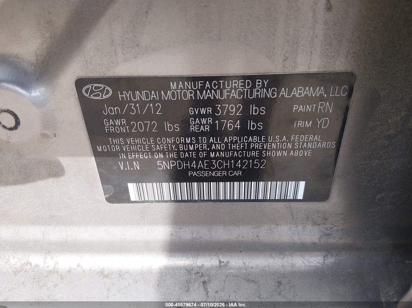 2012 HYUNDAI ELANTRA SEDAN 1.8L I-4 DOHC, VVT, 145HP