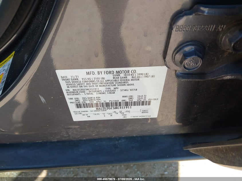 2021 Ford Ecosport Se VIN: MAJ3S2GE5MC451911 Lot: 45579676