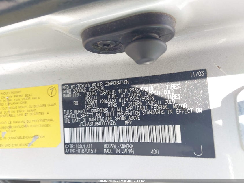 LEXUS RX 330 2004 VIN JTJHA31U840050568