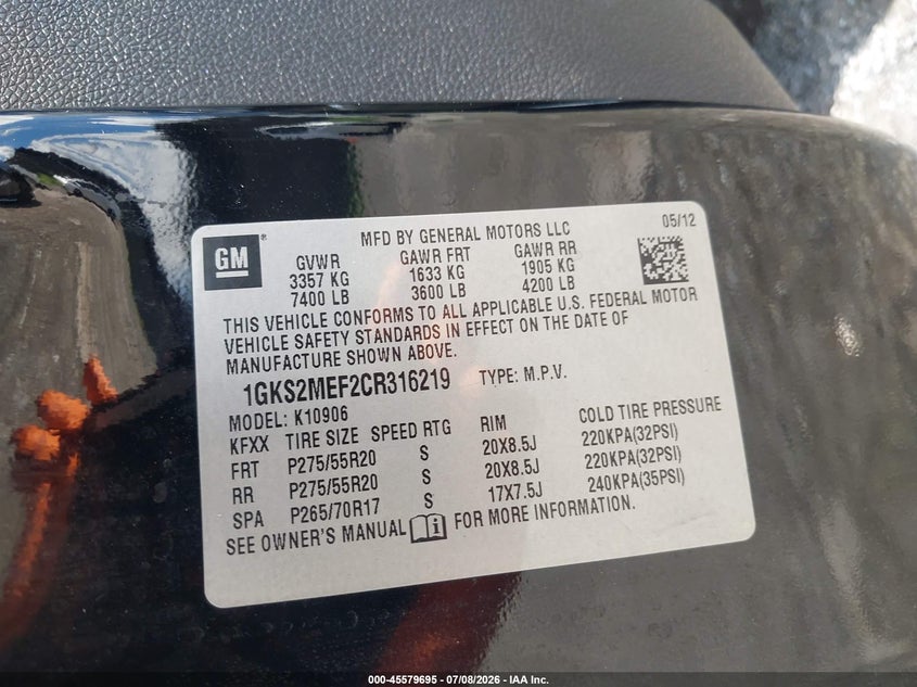 2012 GMC Yukon Xl 1500 Denali VIN: 1GKS2MEF2CR316219 Lot: 45579695