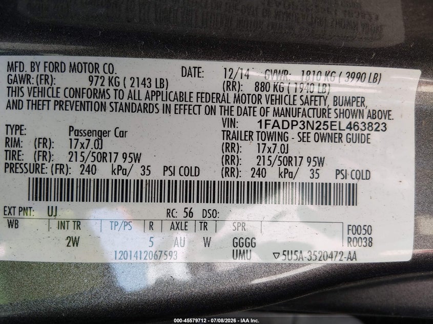 2014 FORD FOCUS HATCHBACK 2.0L I-4 DI, DOHC, VVT, 160HP