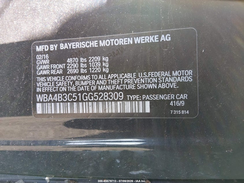 2016 BMW 435I Gran Coupe xDrive VIN: WBA4B3C51GG528309 Lot: 45579713