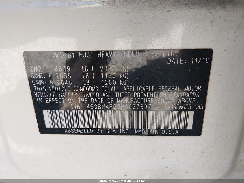 2017 Subaru Legacy 2.5I Premium VIN: 4S3BNAF66H3037897 Lot: 45579757