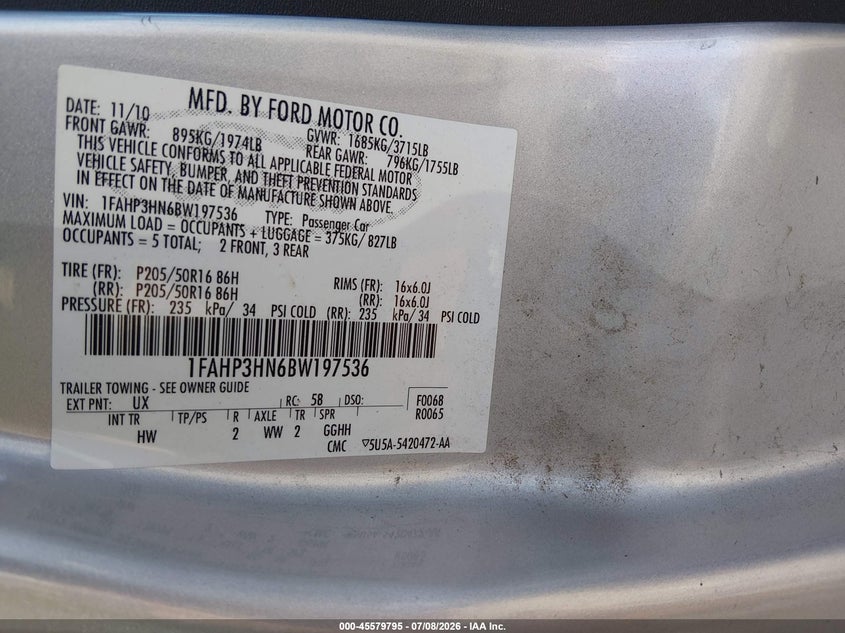 2011 FORD FOCUS SEDAN 2.0L I-4 DOHC, 140HP