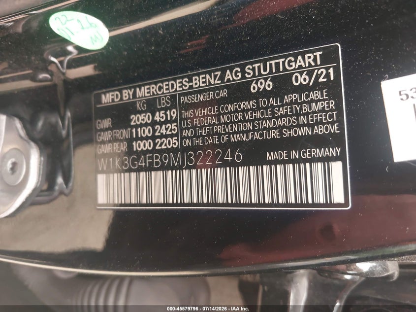 2021 Mercedes-Benz A 220 4Matic VIN: W1K3G4FB9MJ322246 Lot: 45579796