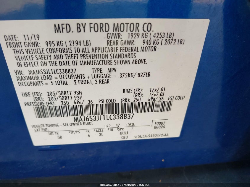 2020 Ford Ecosport Ses VIN: MAJ6S3JL1LC338837 Lot: 45579857
