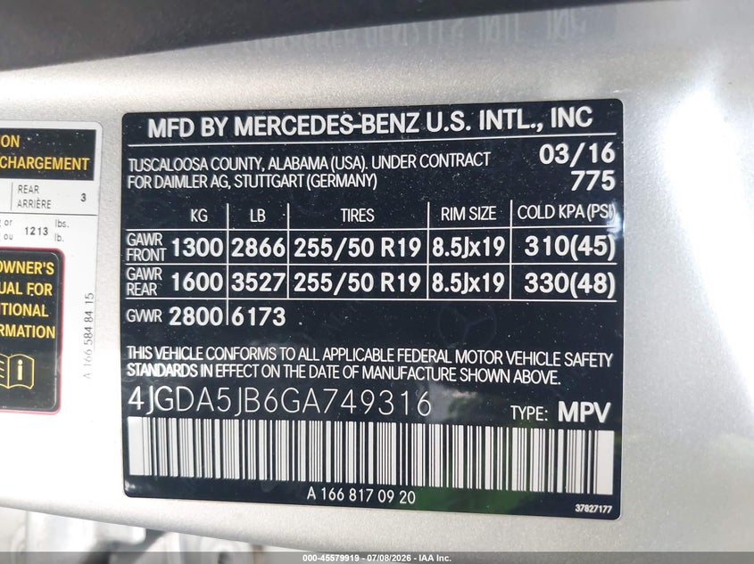 2016 Mercedes-Benz Gle 350 VIN: 4JGDA5JB6GA749316 Lot: 45579919