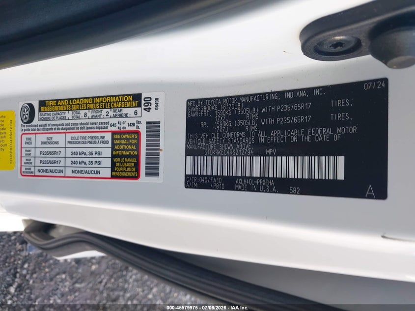 TOYOTA SIENNA 2024 VIN 5TDKRKEC4RS212794