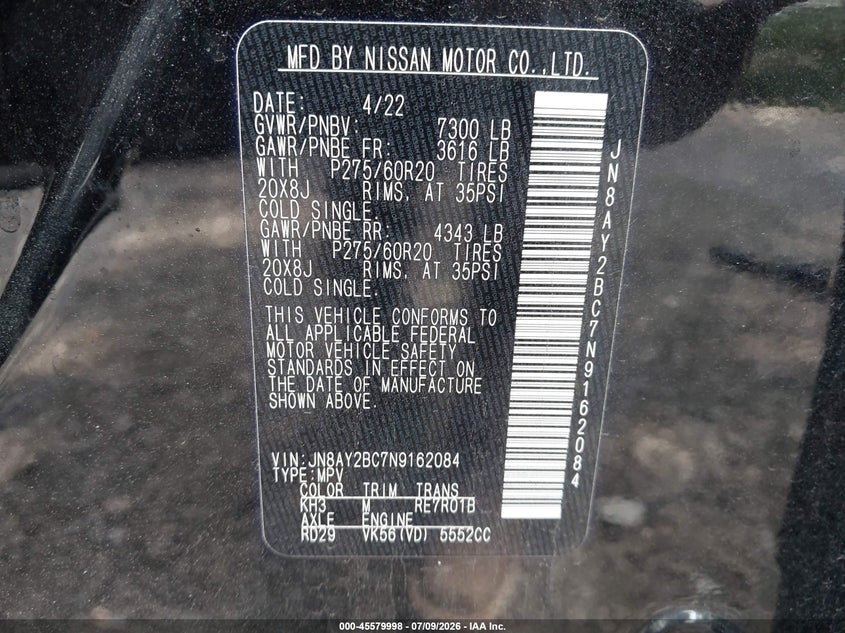 2022 Nissan Armada Sl 2Wd VIN: JN8AY2BC7N9162084 Lot: 45579998