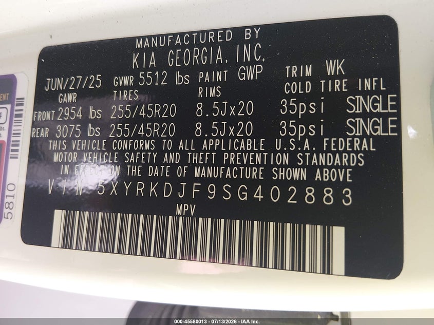 2025 Kia Sorento X-Line Sx Prestige VIN: 5XYRKDJF9SG402883 Lot: 45580013