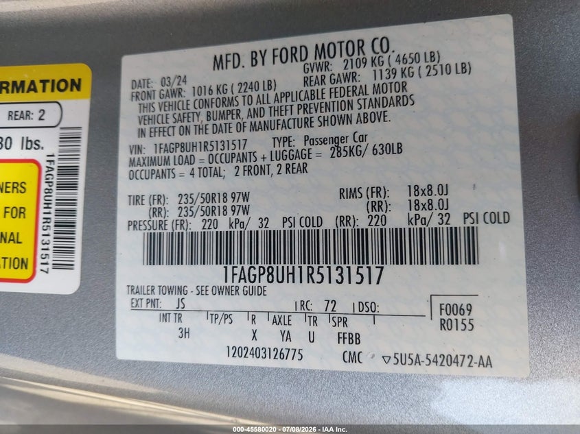 FORD MUSTANG 2024 VIN 1FAGP8UH1R5131517