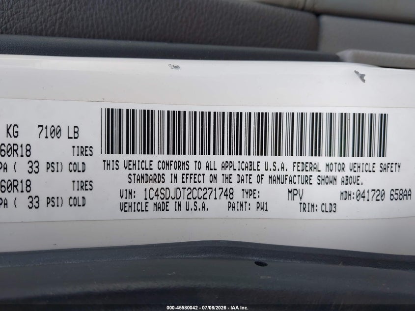 DODGE DURANGO 2012 VIN 1C4SDJDT2CC271748