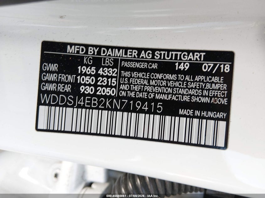 2019 Mercedes-Benz Cla 250 VIN: WDDSJ4EB2KN719415 Lot: 45580061