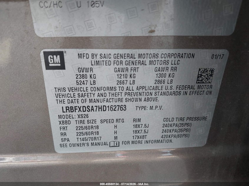 2017 Buick Envision Essence VIN: LRBFXDSA7HD162763 Lot: 45580134