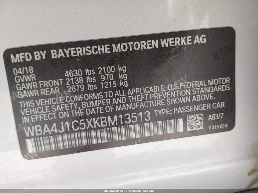 2019 BMW 430I Gran Coupe VIN: WBA4J1C5XKBM13513 Lot: 45580173