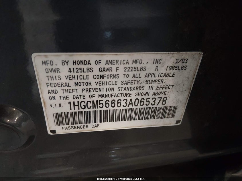 2003 Honda Accord Sdn Ex VIN: 1HGCM56663A065378 Lot: 45580179