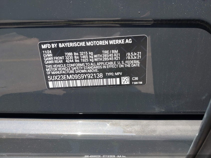 2025 BMW X7 xDrive40I VIN: 5UX23EM09S9Y92138 Lot: 45580228