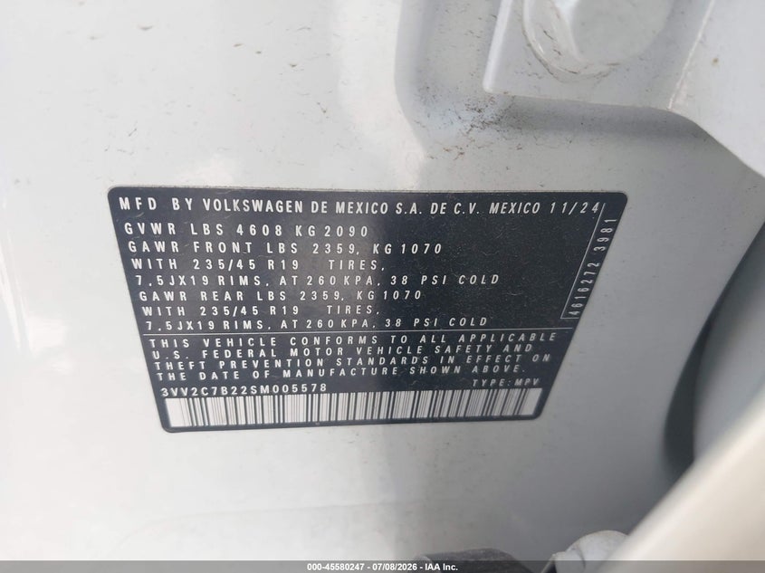 2025 Volkswagen Taos 1.5T Se Black VIN: 3VV2C7B22SM005578 Lot: 45580247