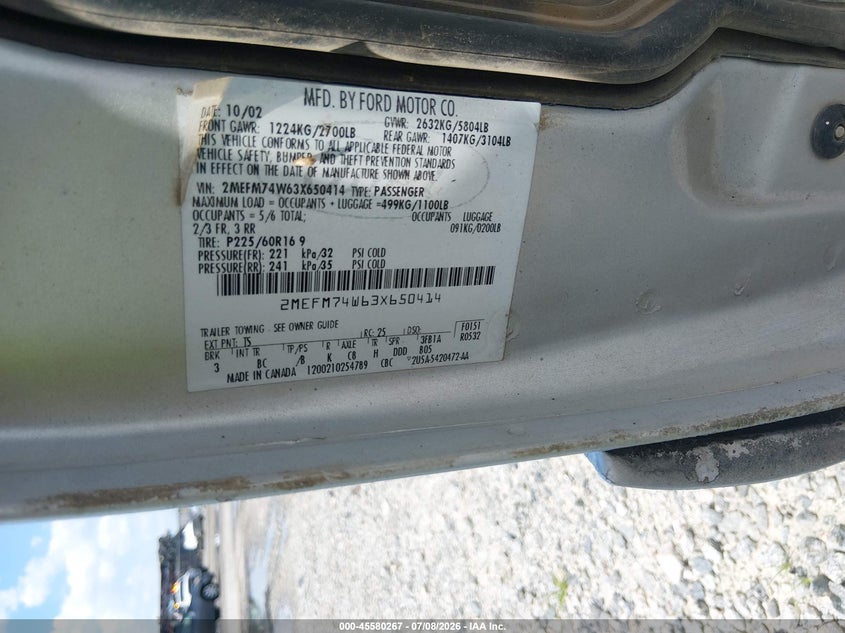 2003 Mercury Grand Marquis Gs VIN: 2MEFM74W63X650414 Lot: 45580267