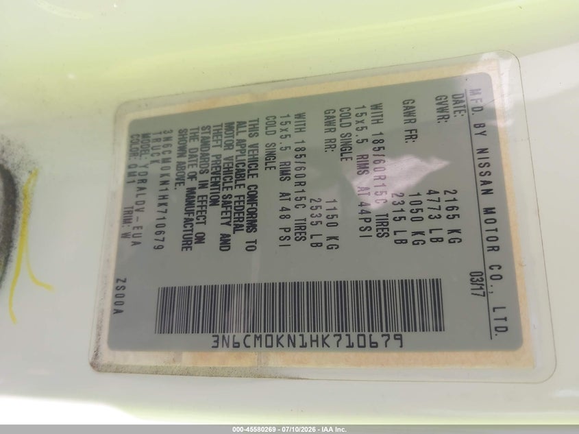 2017 Nissan Nv200 S VIN: 3N6CM0KN1HK710679 Lot: 45580269